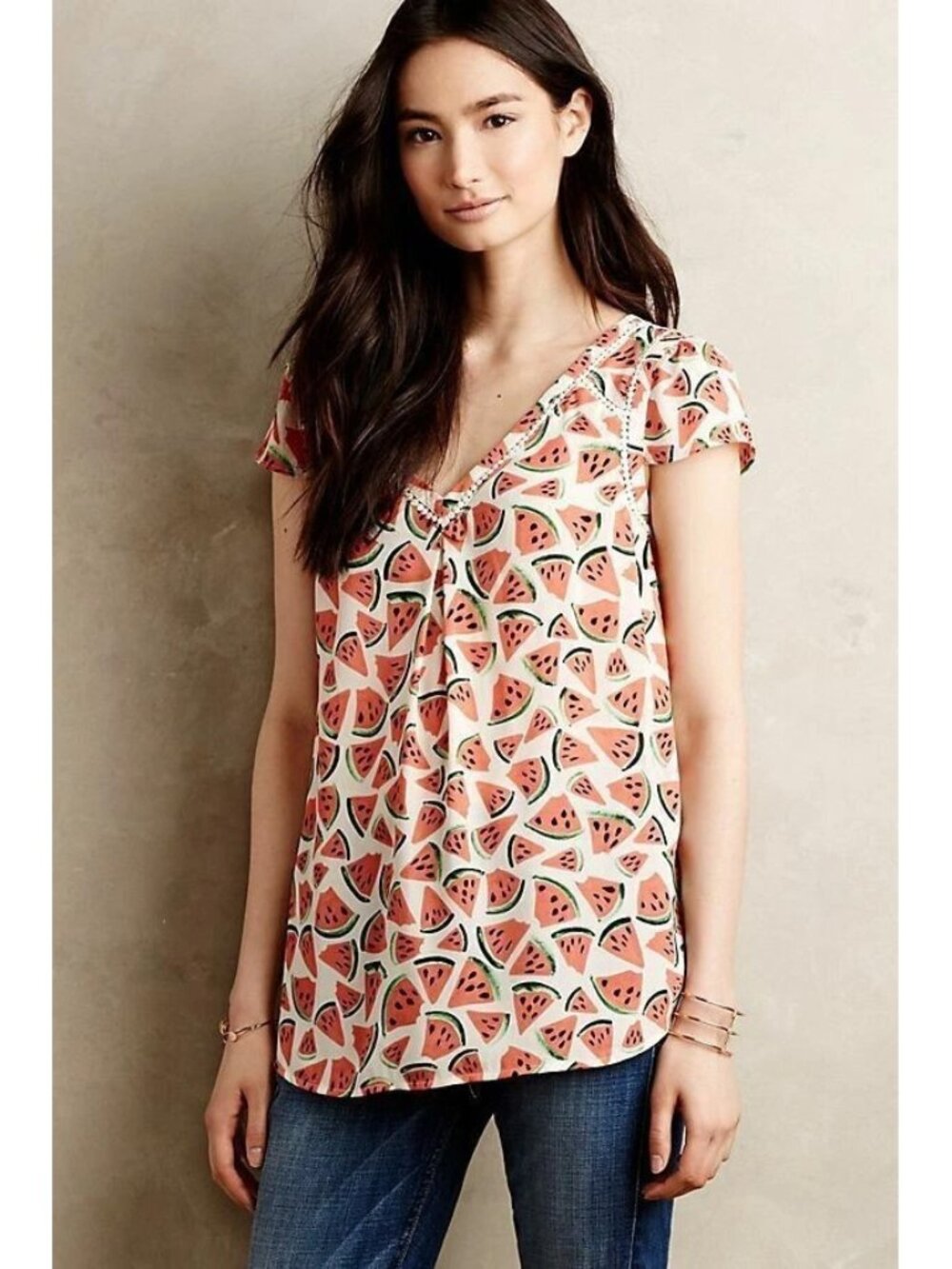 ☀️ Maeve Anthropologie Picnic Days Watermelon Print V-Neck Flutter Sleeve Top 2